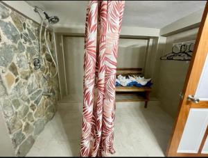 CastaraCastara Inn的一间带红色和白色条纹淋浴的浴室