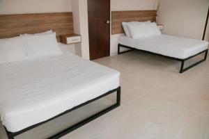 阿瓜斯卡连特斯Hotel Fratelli的一间卧室配有两张带白色床单的床