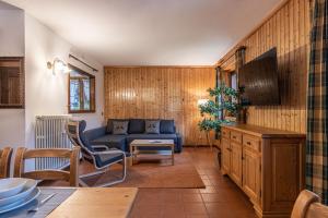 摩德纳迪-坎皮格里奥Villetta Campiglio的客厅配有蓝色的沙发和电视
