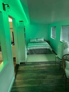 霍卢阿洛阿Hawaii Getaway的绿色卧室配有床和椅子