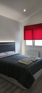 桑坦德ALOJAMIENTOS AVICHE 6的一间卧室设有一张大床和红色窗户