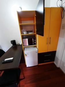 普孔Cabañas Habitainer 2的一间带小冰箱和橱柜的厨房