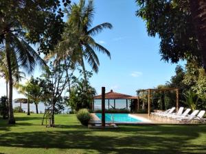 库穆鲁沙蒂巴Vista Linda Cumuruxatiba的一个带游泳池和棕榈树的度假村