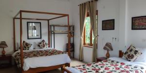 峰牙Phong Nha Farmstay的一间卧室设有两张床和窗户。