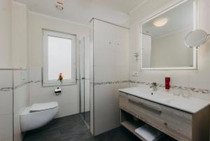 比苏姆Hotel Alter Muschelsaal的一间带水槽、卫生间和镜子的浴室