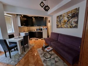弗拉涅Apartman Veselinovic Free PARKING的客厅配有紫色沙发和桌子