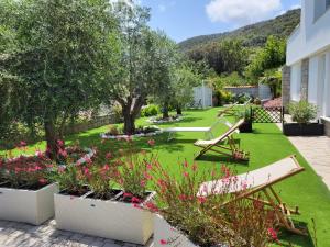 普罗基奥La Villa的一个带长凳和鲜花的花园