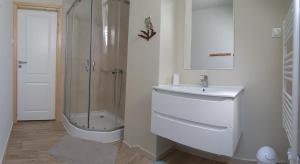 索克莱克Maślany Domek的白色的浴室设有水槽和淋浴。