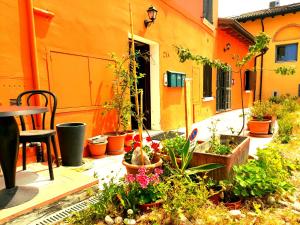 佩斯基耶拉德加达ZANINA COUNTRY HOUSE的一座种有植物和桌子的庭院,一座建筑