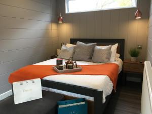 贝塞斯达P23 - Studio Pod with Hot Tub的一间卧室配有一张带橙色毯子的床
