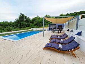 锡尼Kuća za odmor Sika的一个带躺椅的庭院和一个游泳池