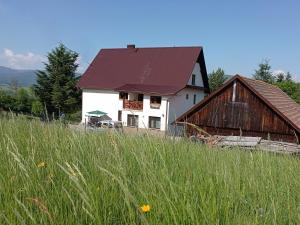 SólAgroturystyka ''Na Polanie''的白色的房子,有红色的屋顶和谷仓