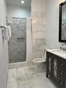 新奥尔良Lafitte Hotel & Bar的带淋浴、卫生间和盥洗盆的浴室