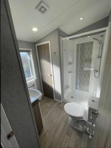 贝塞斯达C05 - The Ogwen Lodge with Hot Tub的浴室配有卫生间、淋浴和盥洗盆。