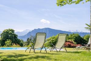 卢塞恩巴尔姆酒店的两把椅子坐在游泳池旁的草地上