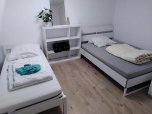 博帕德贝德赛尔兹旅舍的配有白色墙壁和木地板的客房内的两张床