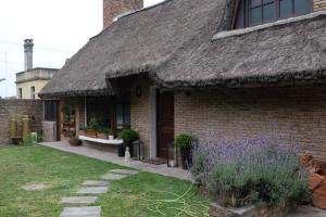 蒙得维的亚Divina casa en Carrasco con piscina的砖屋,有茅草屋顶和紫色的鲜花