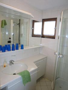 蒂蒂湖-新城Ferienhäusle Sonnenblume Titisee的白色的浴室设有水槽和淋浴。