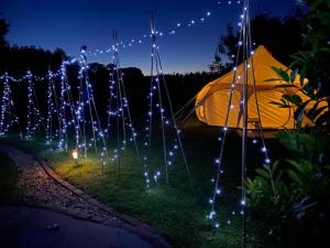 利明顿Secret Garden Glamping的夜晚在田野里带灯的帐篷