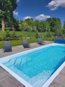 厄尔科B10 Dom LUX z Alpakami & Basen SPA的庭院内一个带两把躺椅的游泳池