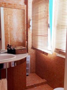维戈Acogedor apartamento en el Casco Antiguo的一间带水槽和淋浴及窗户的浴室