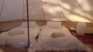 FatacaQuintal Alentejano的配有2张床的带白色床单和枕头的客房