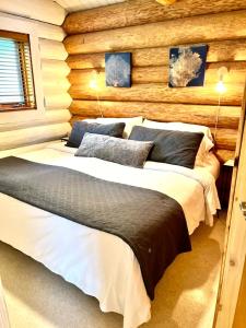 Gillies BayThe Beach House Texada - Waterfront Cabin的小木屋内一间卧室,配有两张床