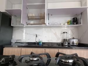 里考尔特Puerto Azul Club House - Ricaurte Cundinamarca的厨房配有白色橱柜和台面