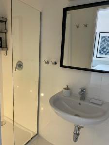 里耶卡Tre Re Inn的白色的浴室设有水槽和镜子