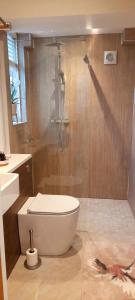 纽波特Quaint little guest suite with private parking的带淋浴和白色卫生间的浴室