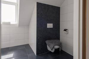 佐特兰德Woning "Villa Zoutelande"的浴室设有卫生间,位于黑色的瓷砖墙内