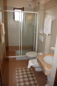 克鲁斯安湖阿尔伯格彭塔德尔斯特酒店的浴室配有卫生间、淋浴和盥洗盆。