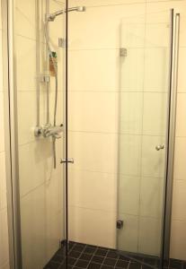 瓦萨City Center 2-rooms apartment的带淋浴的浴室,带玻璃门
