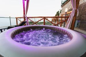 阿杰罗拉Apartments PARADISE GARDEN Holiday House的滑梯上的带紫色水的热水浴池