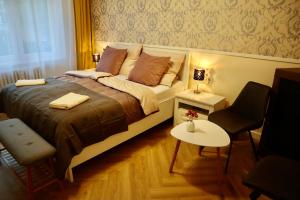 米库洛夫Dream Apt Mikulov的卧室配有1张床、1张桌子和1把椅子