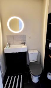 布鲁塞尔Handy Studio near Nato的一间带卫生间、水槽和镜子的浴室