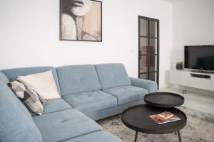 托尔豪特Blue Yvey Apartment的客厅配有蓝色的沙发和桌子