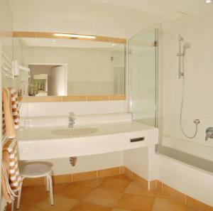 拉姆绍达赫斯坦凯尔胡伯霍夫乡村酒店的一间带水槽和淋浴的浴室
