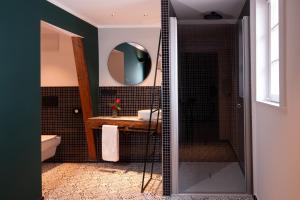 腓特烈斯多夫Hotel Drei Höfe的带淋浴、盥洗盆和镜子的浴室