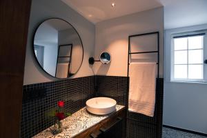 腓特烈斯多夫Hotel Drei Höfe的一间带水槽和镜子的浴室