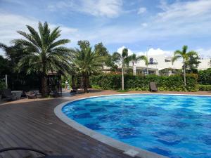 马尼拉South Residences Tower 3的一个种有棕榈树的大型蓝色游泳池