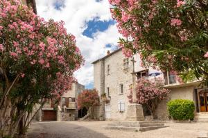 SampzonCamping RCN La Bastide en Ardèche的粉红色花卉村里的街道
