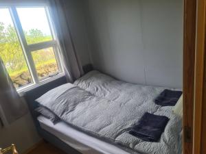 霍尔斯沃德吕尔Summer house - Fíflholt的窗户客房内的小床