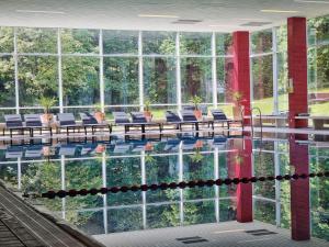 哈嫩克利博克斯维斯哈兹霍赫CAREA皇宫酒店的一个带桌椅和窗户的大型游泳池