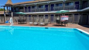 圣克鲁兹SureStay Hotel by Best Western Santa Cruz的一个带椅子和遮阳伞的大型蓝色游泳池