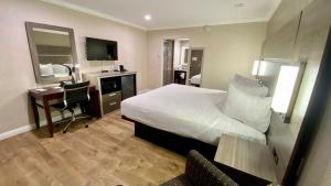 圣克鲁兹SureStay Hotel by Best Western Santa Cruz的酒店客房配有一张床、一张书桌和一台电视。