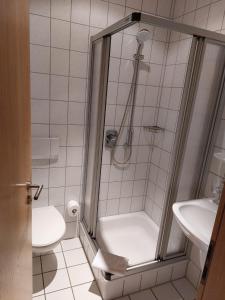 特里滕海姆Gästehaus Annette Hermes-Hoffmann的带淋浴、卫生间和盥洗盆的浴室