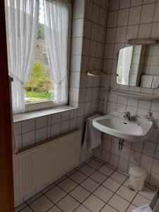 特里滕海姆Gästehaus Annette Hermes-Hoffmann的一间带水槽和镜子的浴室以及窗户。