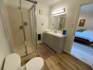 Barrys Bay巴里斯贝高尔夫度假酒店的带淋浴、卫生间和盥洗盆的浴室