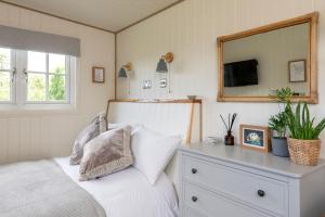 巴斯Secluded lodge with spectacular views and hot tub!的一间卧室配有一张带梳妆台和镜子的床